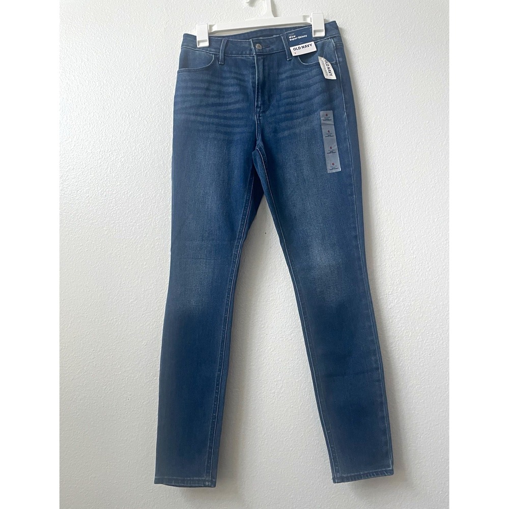 Old Navy Women's Blue High Rise Skinny Denim Jeans Solid Button Logo Size 6